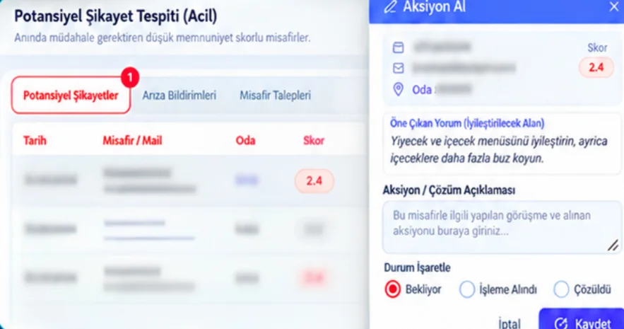 Manager screen where low-score feedback is assigned as an action to an owner
