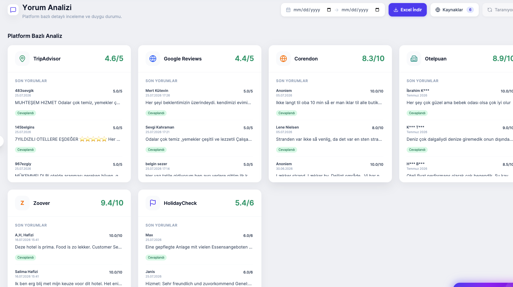 Screen where reviews from different platforms are analyzed